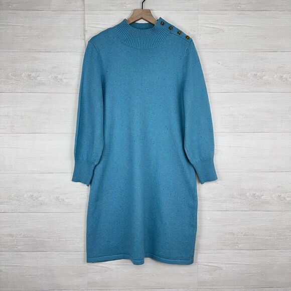 Talbots Mock Neck Sweater Dress Size Medium Aqua Blue Speckled Shoulder Buttons - Picture 1 of 15